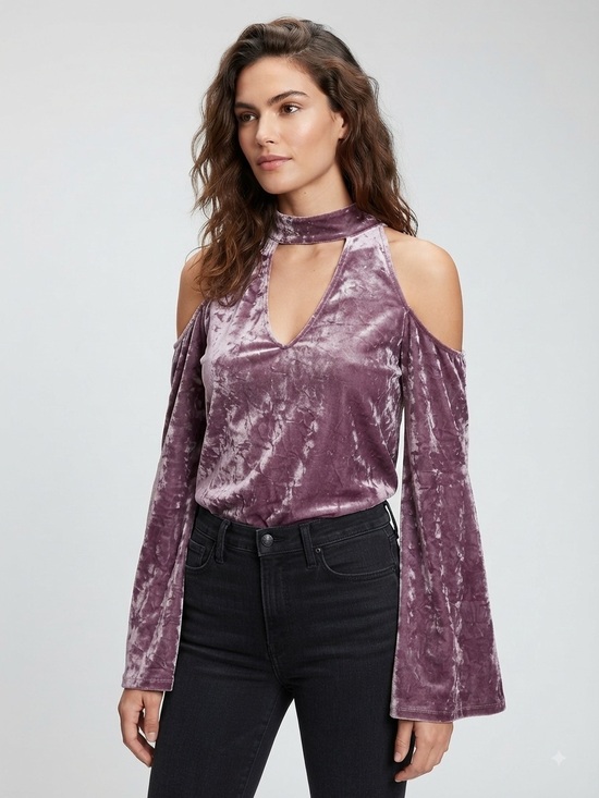 American Eagle Outfitters Tops - American Eagle Purple Velvet Choker Top Small S Halter Bell Long Sleeve Shimmer